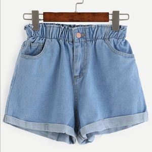 Blue Elastic Waist Roll Hem Denim Shorts- ROMWE